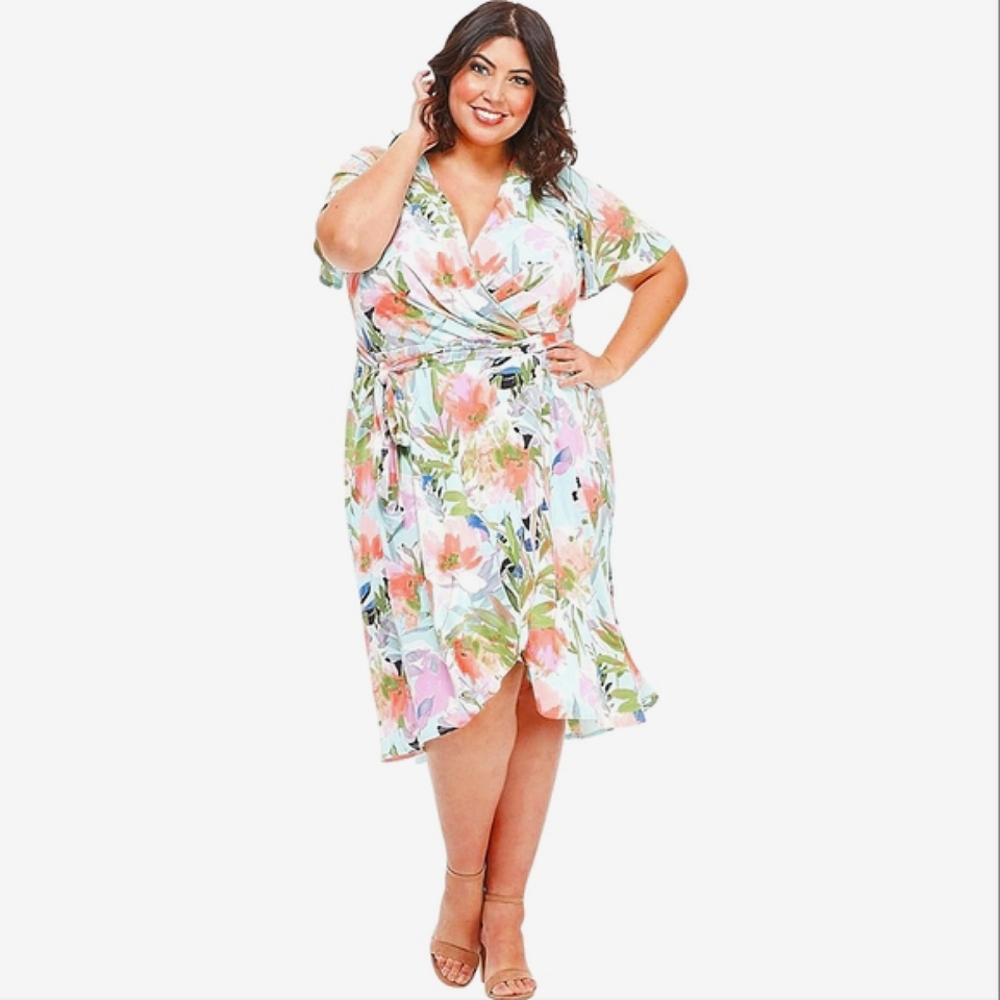 London Times | Surplice Floral Flutter Sleeve Faux Wrap Dress Size 14W